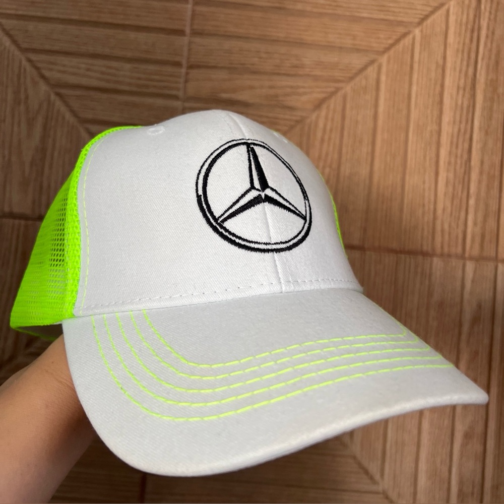 Mercedes Benz White Cap Hat with Neon Stitching